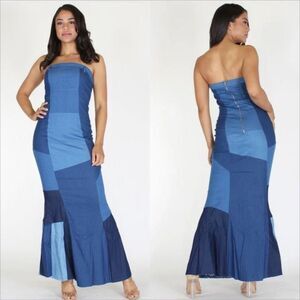 Touch Me Denim Patchwork Strapless Maxi Dress Size Small Stretch Y2K Western